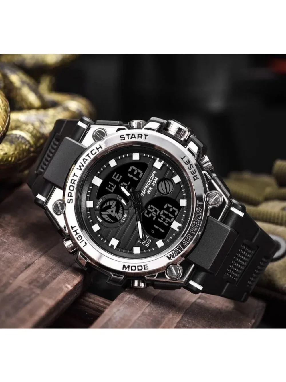 Men's Silver Analog Quartz Sports Waterproof Military Tactical LED Digital Watch